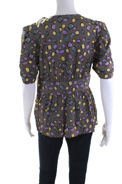 BCBGMAXAZRIA Womens Short Sleeve Ruffled Dotted Silk Shirt Brown Multi Small