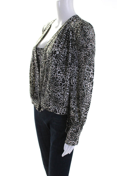 BCBGMAXAZRIA Womens Long Sleeve Leopard Printed Top White Black Gray Size XS