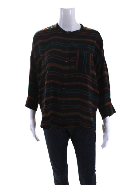 Madewell Womens 3/4 Sleeve Stripe Button Up Shirt Blouse Black Brown Green Small