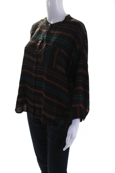 Madewell Womens 3/4 Sleeve Stripe Button Up Shirt Blouse Black Brown Green Small