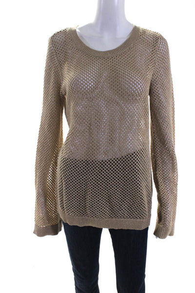 Michael Michael Kors Womens Loose Knit Metallic Crew Neck Sweater Beige Large