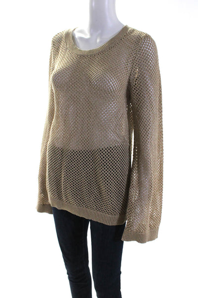 Michael Michael Kors Womens Loose Knit Metallic Crew Neck Sweater Beige Large