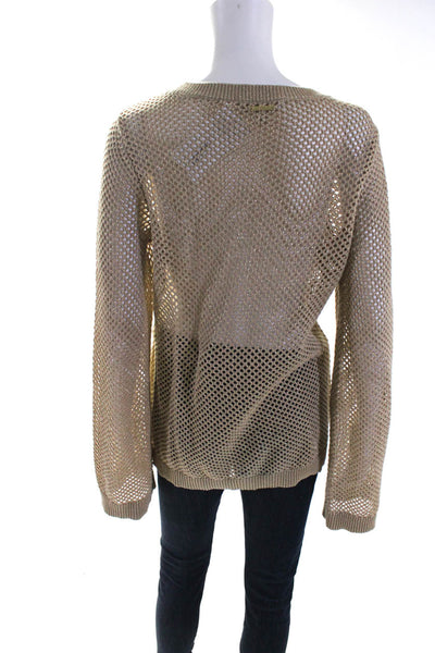 Michael Michael Kors Womens Loose Knit Metallic Crew Neck Sweater Beige Large