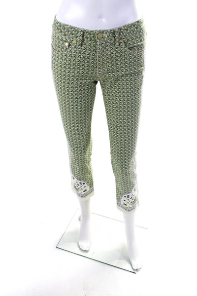 Tory Burch Womens Green Printed Mid-Rise Cropped Straight Leg Jeans Size 26