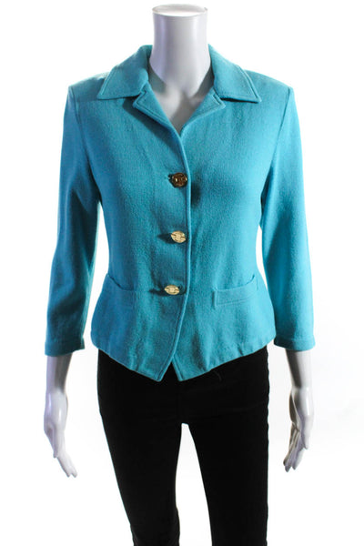 St. John Collection Womens Santana Knit Button Up Collared Jacket Blue Size 2