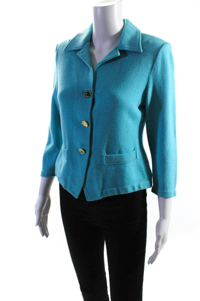 St. John Collection Womens Santana Knit Button Up Collared Jacket Blue Size 2