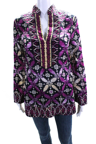 Tory Burch Womens Long Sleeve Y Neck Floral Tunic Blouse Purple Wool Silk Size 2