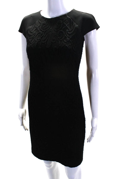 Tory Burch Womens Knit Jacquard Cap Sleeve Crew Neck Sheath Dress Black Small