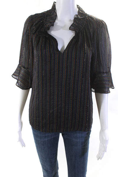 Rebecca Taylor Womens Silk Striped Print Ruffled 3/4 Sleeve Blouse Black Size M