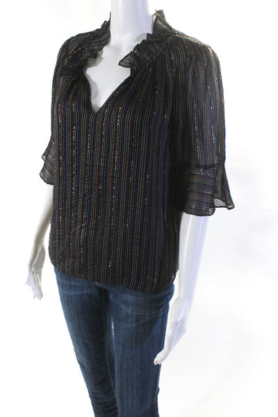 Rebecca Taylor Womens Silk Striped Print Ruffled 3/4 Sleeve Blouse Black Size M