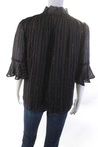 Rebecca Taylor Womens Silk Striped Print Ruffled 3/4 Sleeve Blouse Black Size M