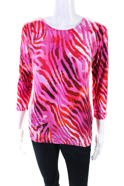 Leggiadro Womens Pink Zebra Print Crew Neck Long Sleeve Knit Blouse Top Size 1