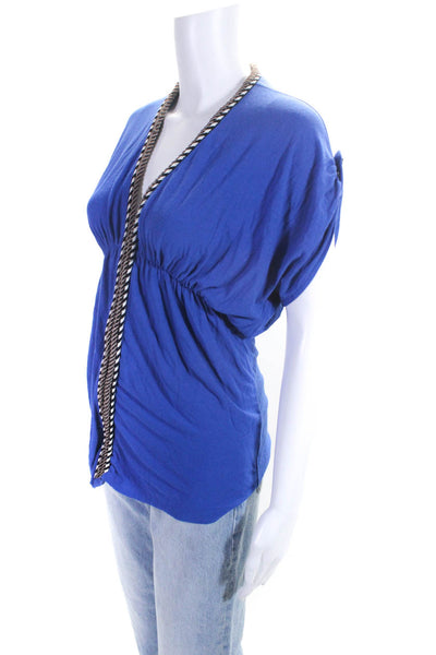 T Bags Los Angeles Womens Jersey Knit Roped Trim Short Sleeve Blouse Blue Size S