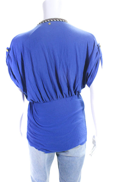 T Bags Los Angeles Womens Jersey Knit Roped Trim Short Sleeve Blouse Blue Size S