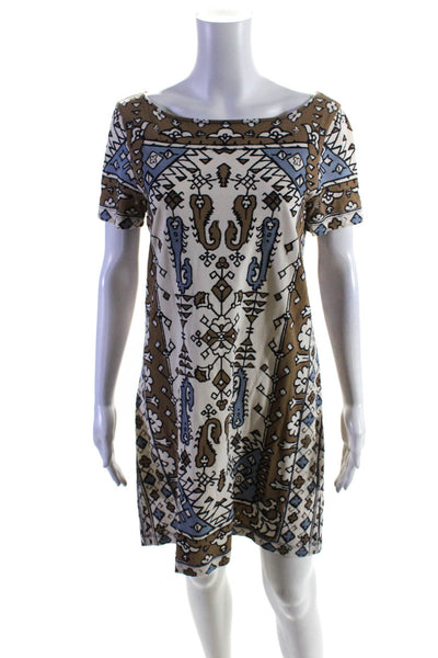 Tory Burch Womens Boat Neck Velvet Print Sheath Dress Ivory Brown Blue Medium