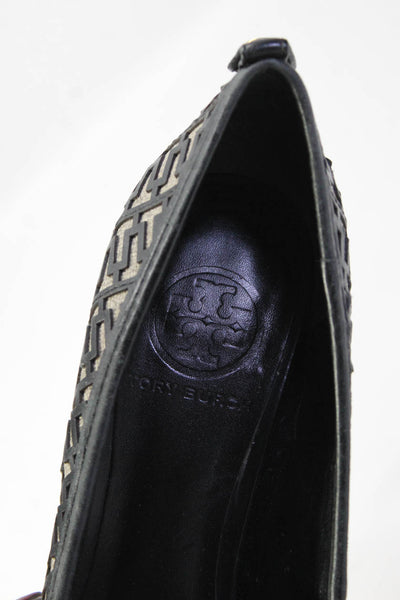 Tory Burch Womens Stiletto Monogram Laser Cut Peep Toe Pumps Black Leather 7M