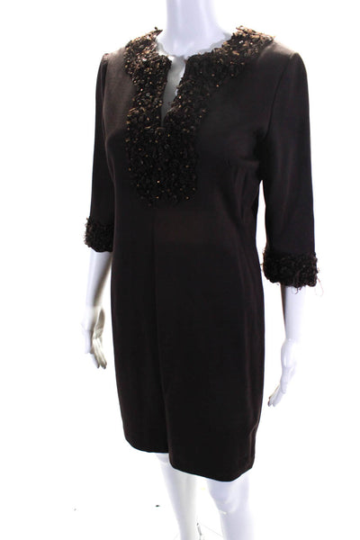 Chetta B Womens Embellished Beaded Y Neck 3/4 Sleeve Sheath Dress Brown Size 4