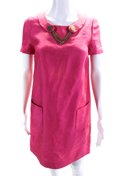 Kate Spade Womens Chain Collar Shirt Sleeve Satin Shift Dress Pink Size 0