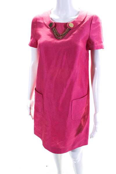 Kate Spade Womens Chain Collar Shirt Sleeve Satin Shift Dress Pink Size 0