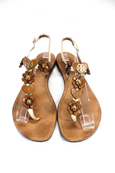 Tory Burch Womens Brown Leather Floral Detail T-Strap Flat Sandals Shoes Size6.5