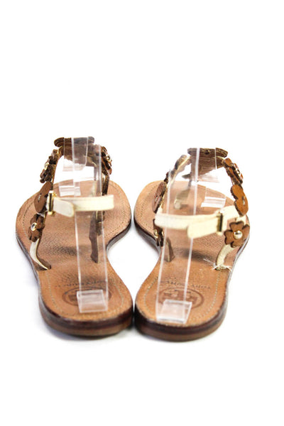 Tory Burch Womens Brown Leather Floral Detail T-Strap Flat Sandals Shoes Size6.5