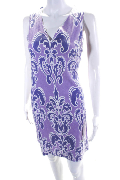Better + Again Womens Printed Jersey V Neck Sheath Dress Purple White Size Small
