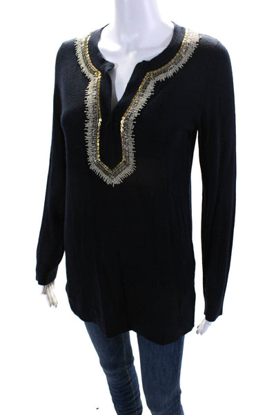 Tory Burch Womens Embellished Y Neck Tunic Sweater Navy Blue Wool Size Small