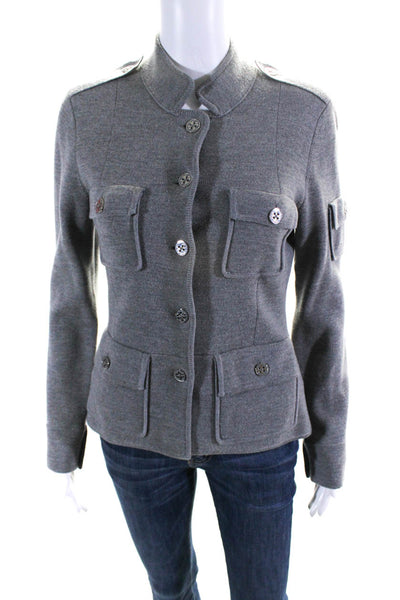 Tory Burch Womens Standing Collar Button Up Knit Jacket Gray Wool Size Small