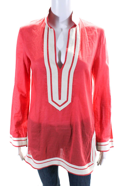 Tory Burch Womens Long Sleeve Standing Collar Tunic Blouse Red Ivory Size 4