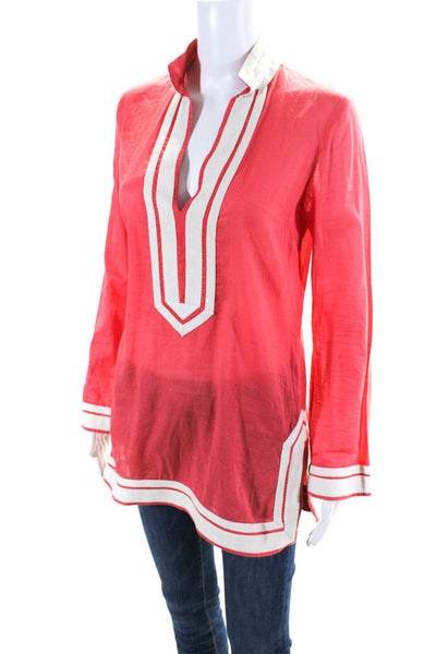 Tory Burch Womens Long Sleeve Standing Collar Tunic Blouse Red Ivory Size 4