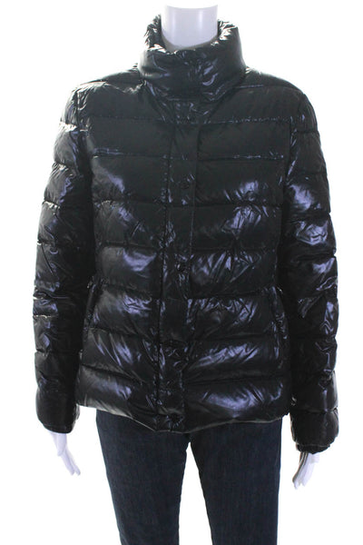 Moncler Womens Striped Quilted Zipped Collared Puffer Coat Black Size 2