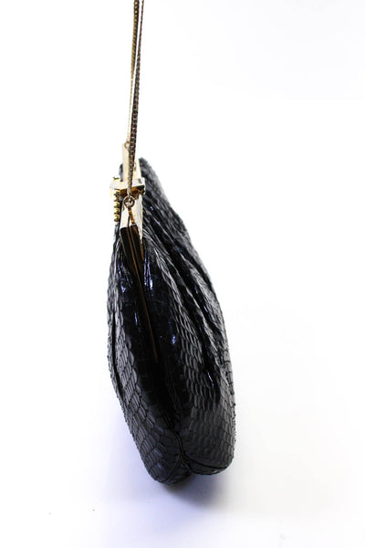 Judith Leiber Womens Framed Snakeskin Small Shoulder Handbag Black Gold Tone