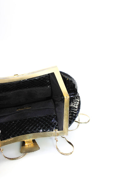 Judith Leiber Womens Framed Snakeskin Small Shoulder Handbag Black Gold Tone
