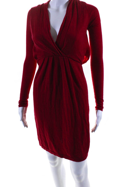 BCBGMAXAZRIA Womens Long Sleeve V Neck Belted Sweater Dress Red Wool Size Small