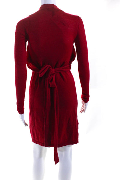 BCBGMAXAZRIA Womens Long Sleeve V Neck Belted Sweater Dress Red Wool Size Small