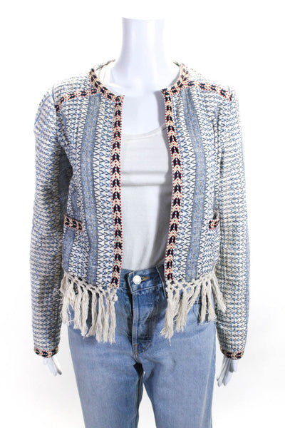 Tularosa Womens Embroidered Open Front Frayed Hem Textured Jacket Blue Size XS