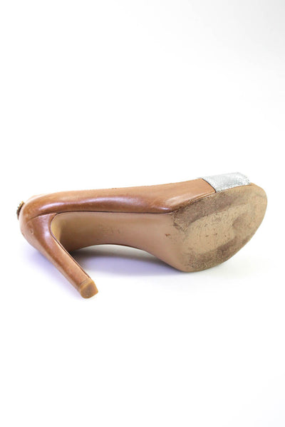 Tory Burch Womens Block Heel Metallic Trim Peep Toe Pumps Brown Leather Size 6.5