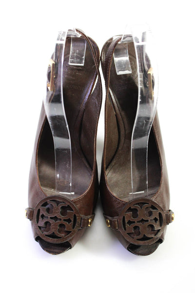 Tory Burch Womens Block Heel Logo Slingback Sandals Brown Leather Size 7M