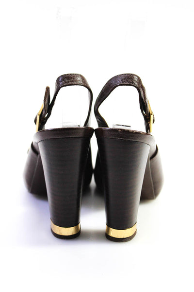 Tory Burch Womens Block Heel Logo Slingback Sandals Brown Leather Size 7M