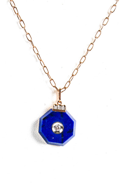 Melis Goral Womens 14kt Rose Gold Deep Sea Lapis Lazuli Diamond Necklace 22" 11g