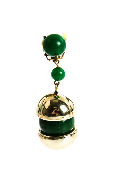 Designer Womens Vintage Gold Tone Green Graduated Dangle Clip On Earrings 2"