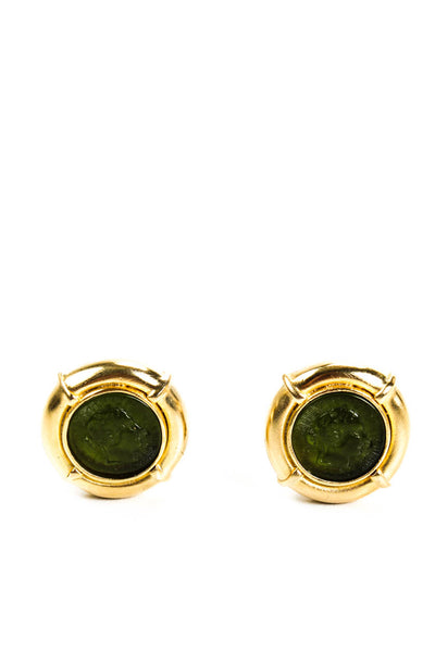 Roxanne Assoulin Womens Vintage Gold Tone Green Stone Intaglio Clip On Earrings