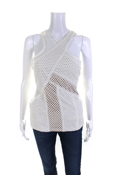 BCBG Max Azria Womens Sheer High V Neck Sleeveless Tank Top White Brown Size M