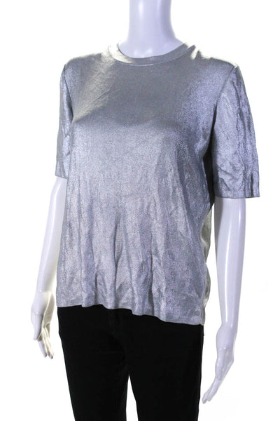 COS Womens Ribbed Metallic Short Sleeve Round Neck Blouse Top Silver Size S