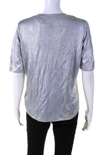 COS Womens Ribbed Metallic Short Sleeve Round Neck Blouse Top Silver Size S