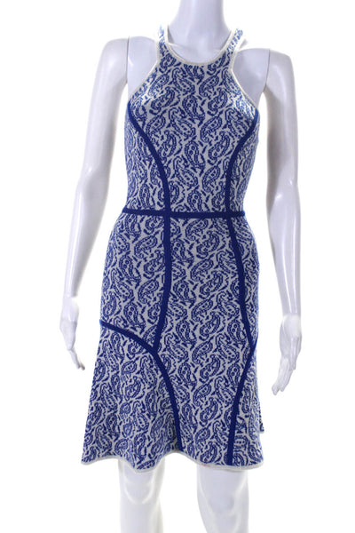 Yigal Azrouel Womens Knit Paisley Racerback Fit & Flare Dress Blue White Wool XS