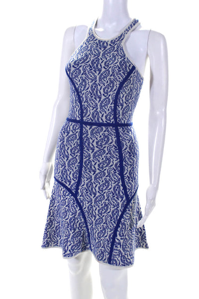 Yigal Azrouel Womens Knit Paisley Racerback Fit & Flare Dress Blue White Wool XS