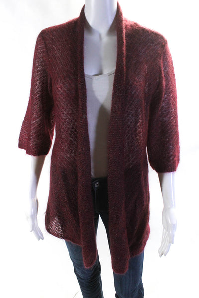 Eileen Fisher Womens Thin Open Knit 3/4 Sleeve Sweater Cardigan Fuchsia Size S