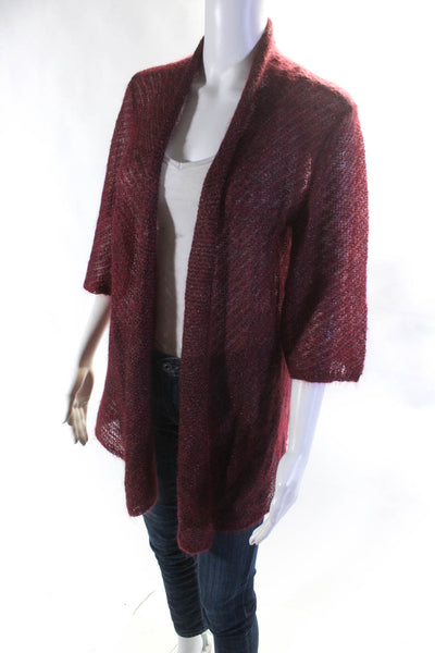 Eileen Fisher Womens Thin Open Knit 3/4 Sleeve Sweater Cardigan Fuchsia Size S