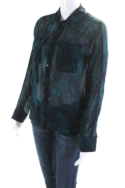 Tahari Women's Collar Long Sleeves Button Down Sheer Blouse Green Size XS